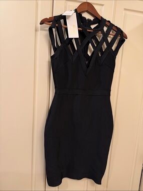 Black Strappy Mini Dress with Lattice Neckline